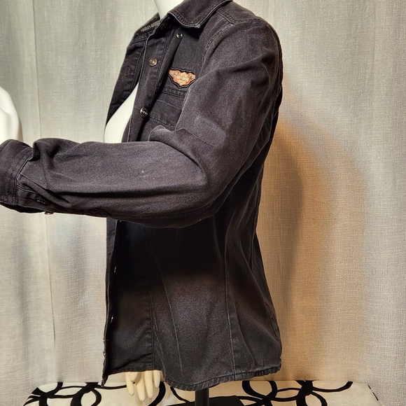 Harley Davidson Embroidered Flame Eagle Black Denim Button Down Shirt Small Y2K - Picture 10 of 13